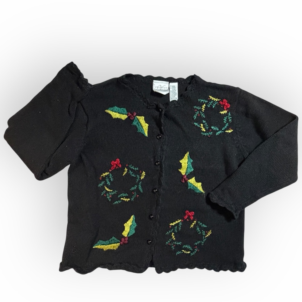 Elegant Black Cardigan with Festive Embroidery Scalloped‎ edges